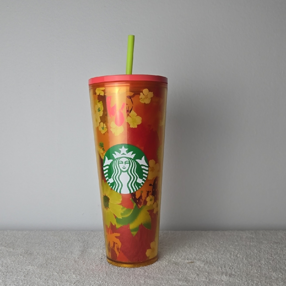 Starbucks Autumn Floral Tumbler with Lid and Strawberry Lid